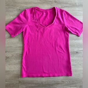 Chicos Womens Cotton V-Neck Short Sleeve T Shirt SZ S Pink Casual Basic Simple
